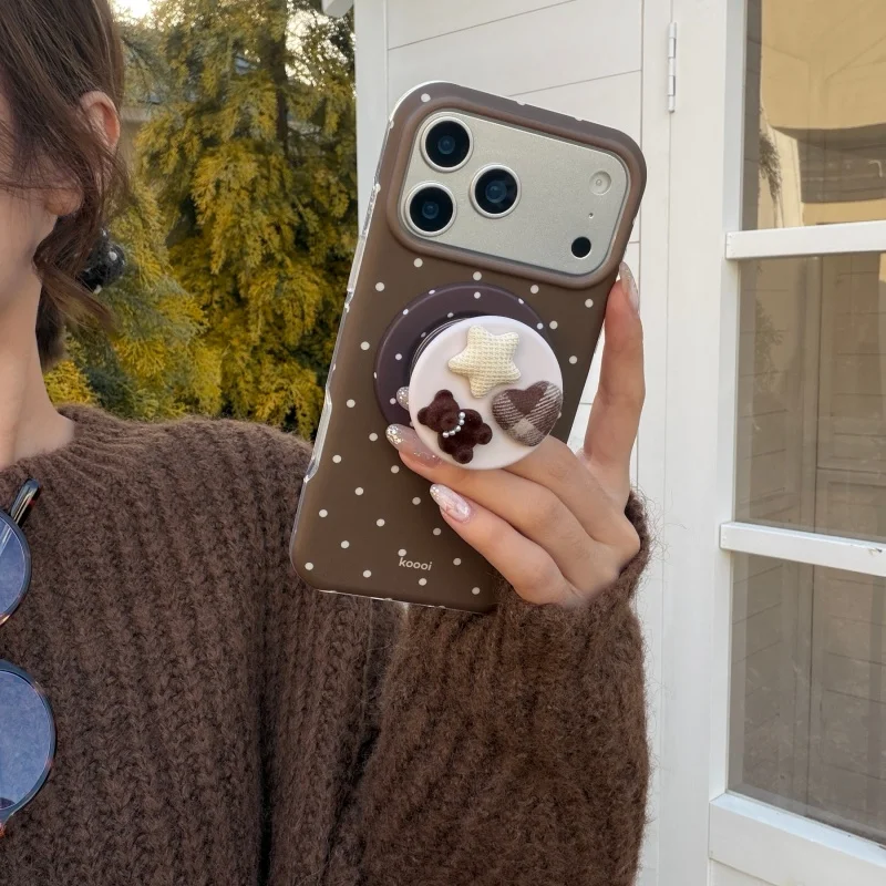 Shockproof White Dots Pattern Magnetic Brown Phone Case with Bear Holder for iPhone 17, 16, 15, 14, 13, Pro, Promax