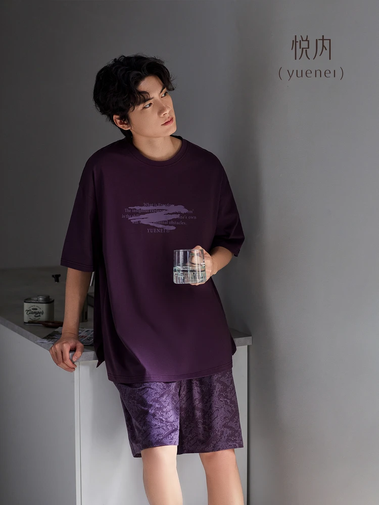 men's-summer-sleepwear-pure-cotton-short-sleeve-shorts-home-clothes-large-size-casual-lettered-round-neck-can-be-worn-outside