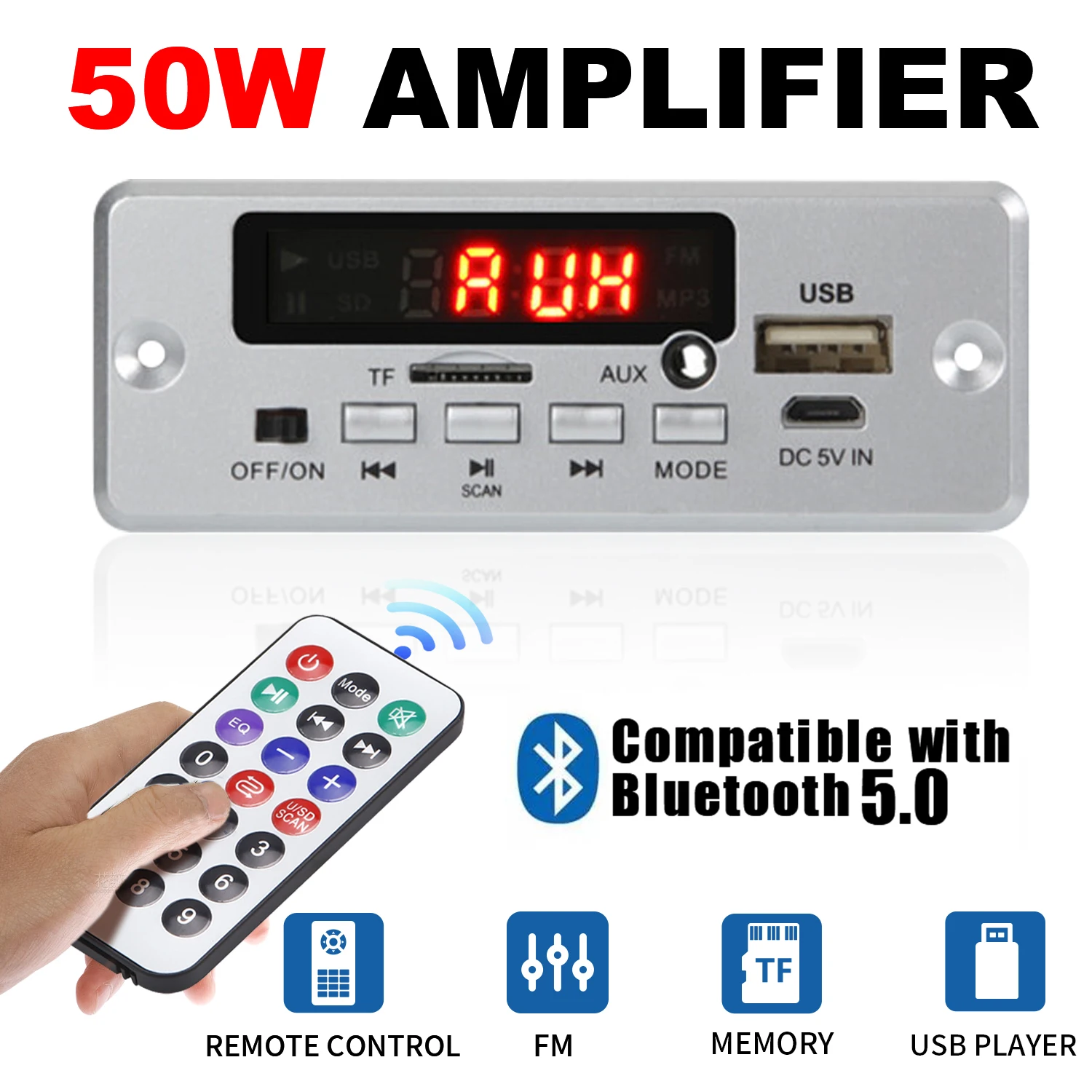 50W Amplifier 12V MP3 Decoder Board 25W 5V 18V Bluetooth 5.0 USB TF FM Radio Module For Speaker With Handsfree Voice Record