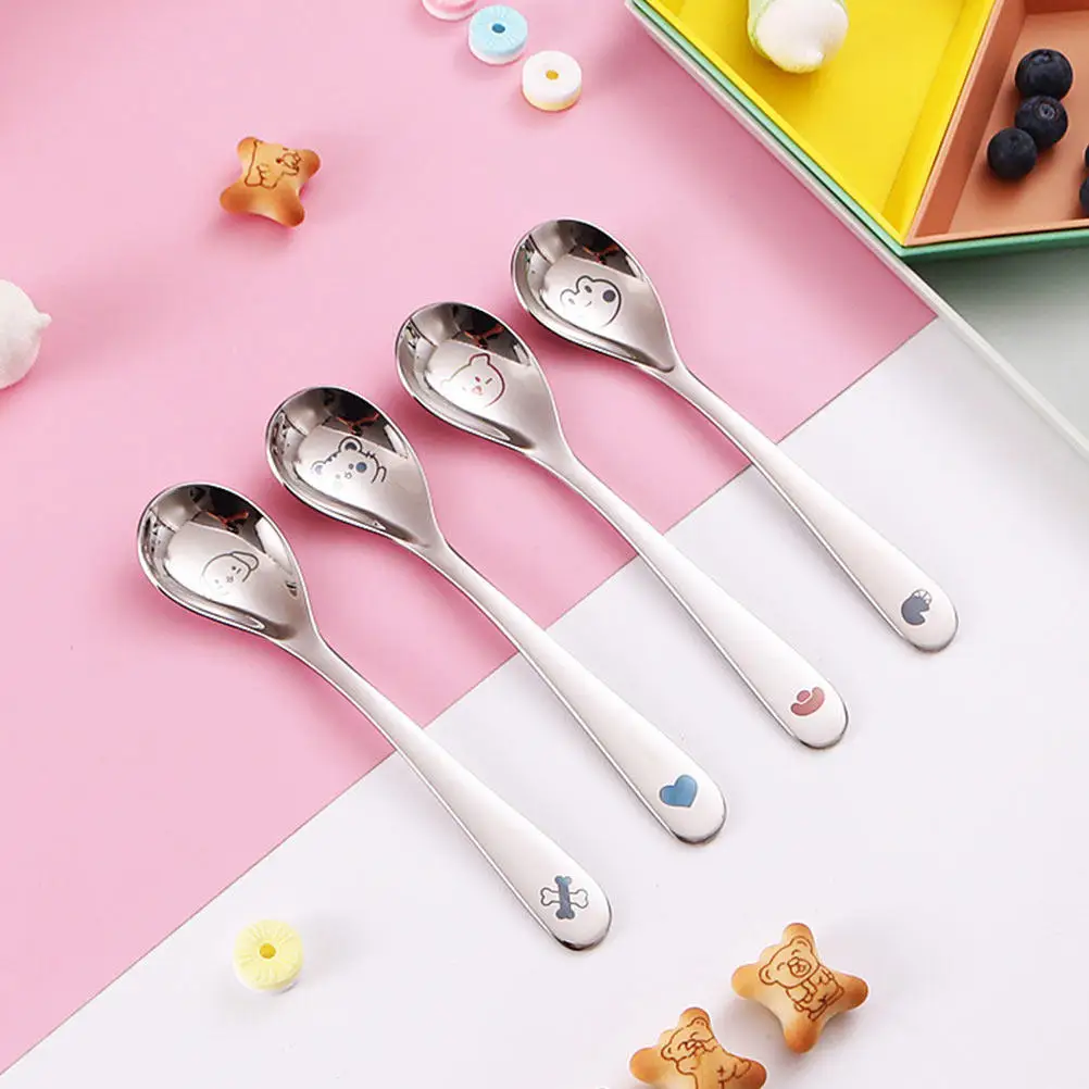 

4Pcs Cartoon Pattern Stainless Steel Baby Spoons Feeding Tool for Infants Smooth Surface Rounded Edge Easy to Clean Kids