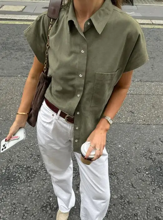 

2025 Spring/summer Casual Green Short Sleeve Retro Style Pocket Street Style Loose Shirt