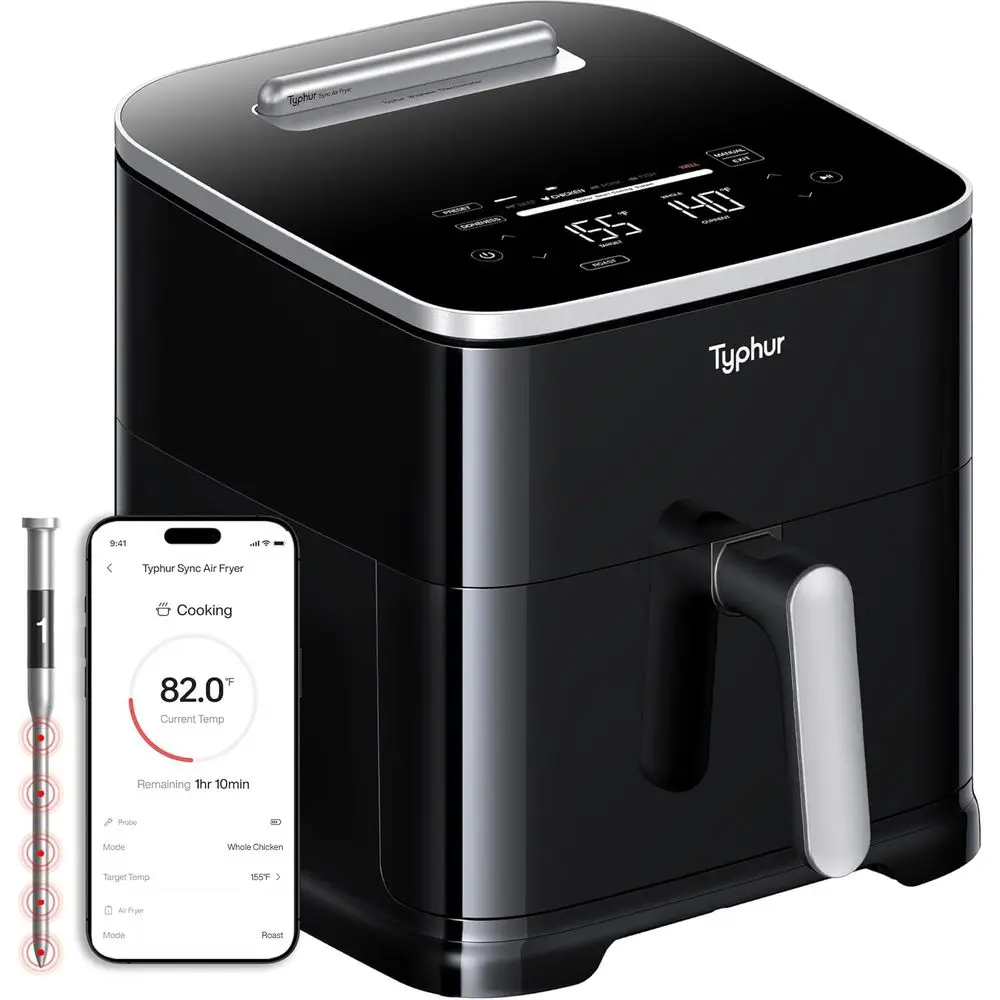 

9-in-1 Smart Air Fryer with Built-in Wireless Meat Thermometer, Non-Toxic, 450°F Max, Cooks 6lb Chicken, Dishwasher Safe, 120V