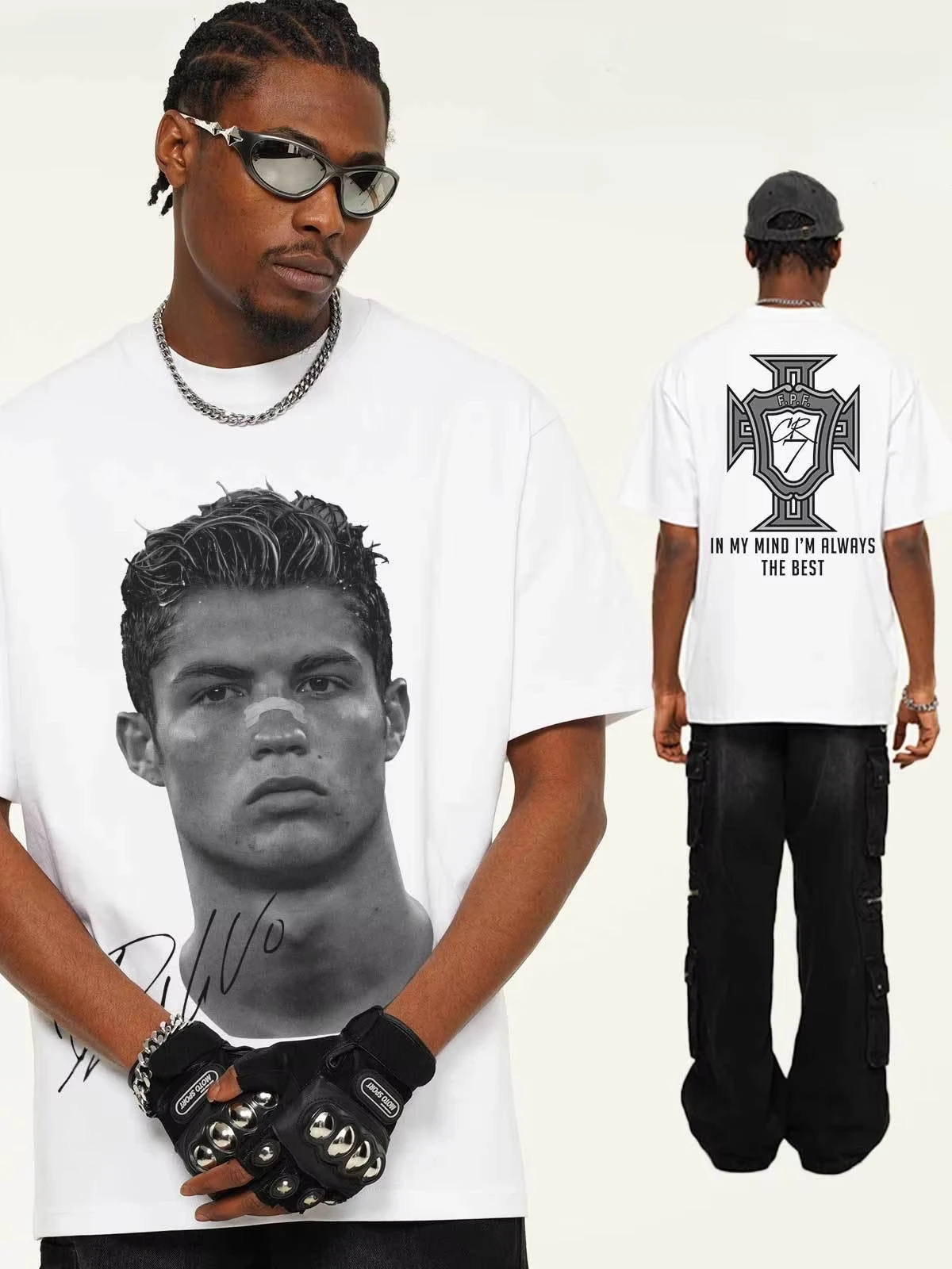 Men Cristiano RonaIdo Portrait Printed T Shirt 100% Cotton Vintage Washed Short Sleeve Loose Streetwear Football Fan Casual