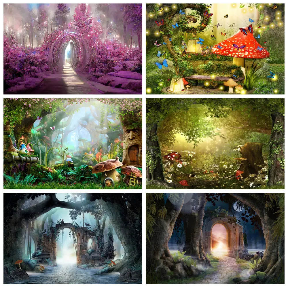 

Fairy Tale Forest Photography Backdrop Wonderland Dreamy Jungle Mushroom Baby Birthday Party Kids Portrait Photo Background