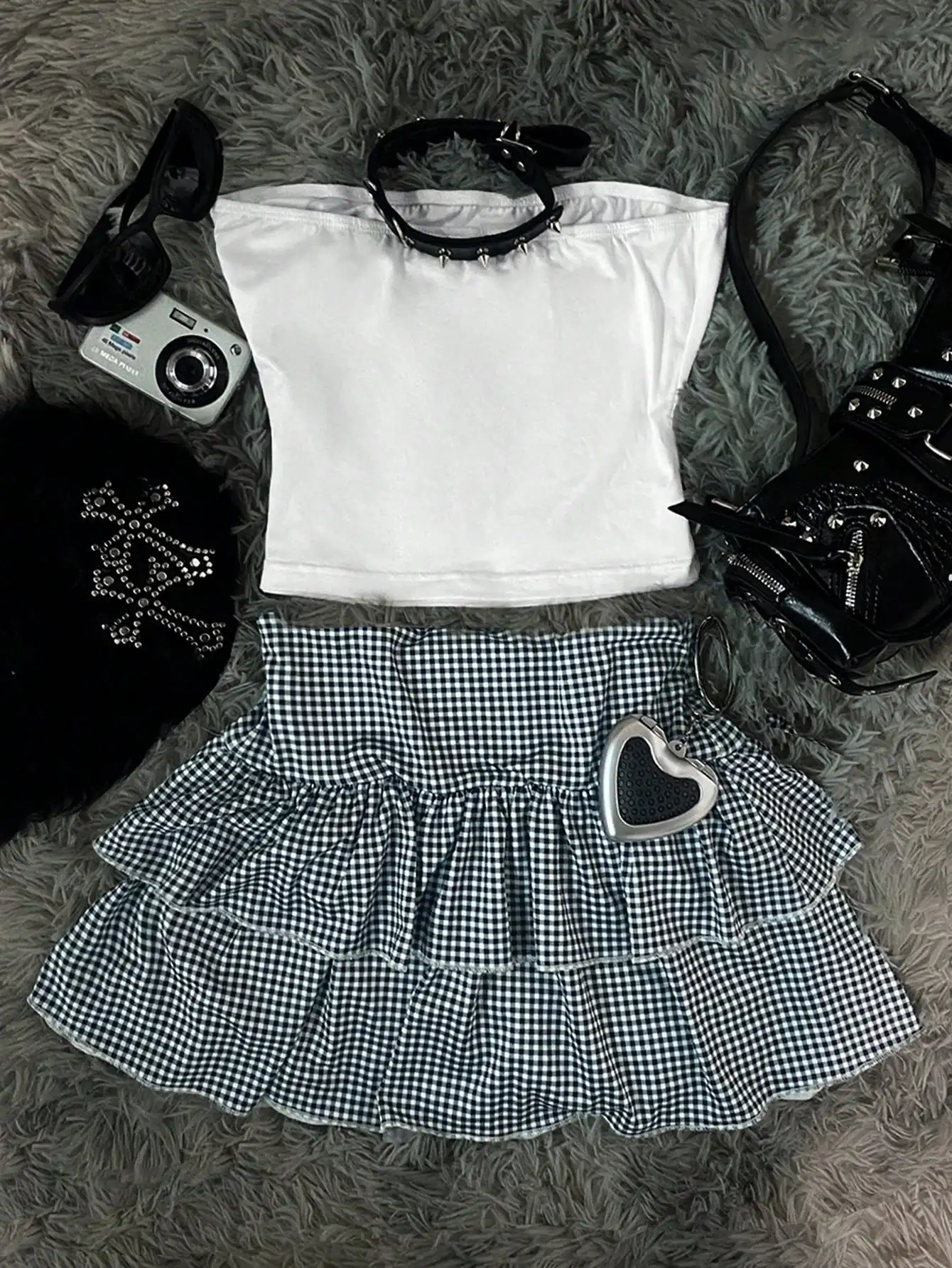 Y2K Printed Strapless Two-Piece Set With Gingham Skirt For Music Festival Gothic Grunge