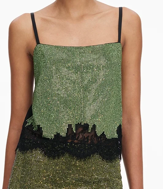 2026 Women Green Hot Diamond Decoration Set Sleeveless Square Collar Strap Tank Top+High Waist Mini Skirt Lace Splicing Suit
