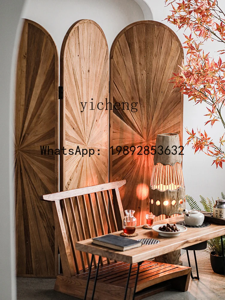 

O3-13 Old Elm Wood Partition for Homestay Living Room Foldable Vintage Solid Wood Office Entrance Door Screen