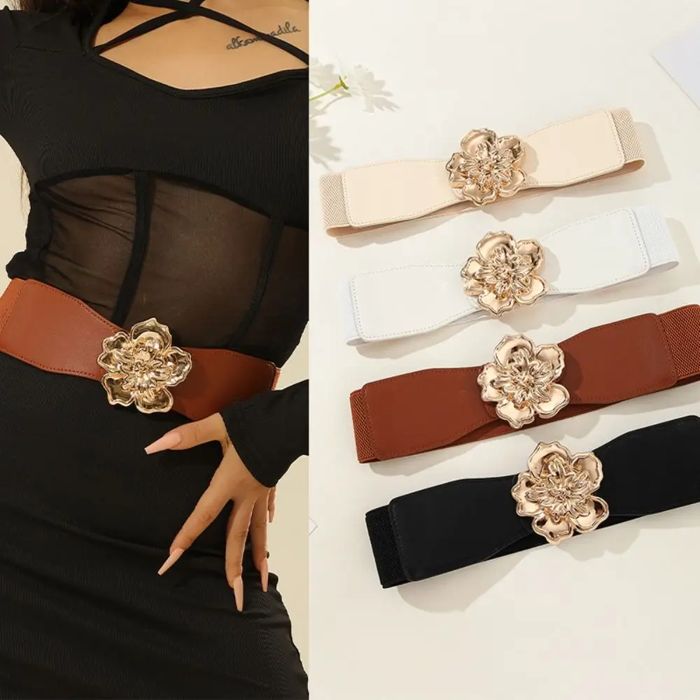 Korean Flower Elastic Cummerbunds for Women PU Leather Wide Belt Coat Dress Corset Fashion Simple Temperament Decorative Belts