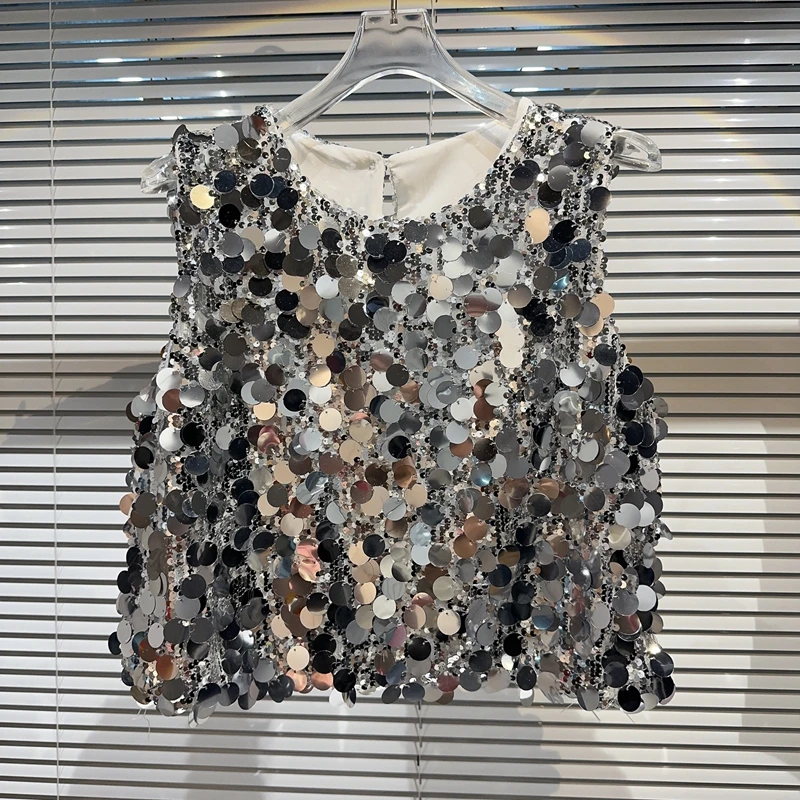 Fashion Vest 2023 Summer New Non-Mainstream Style Full Of Large Sequins Performance Costumes Heavy Industry Loose Sling T-shirt