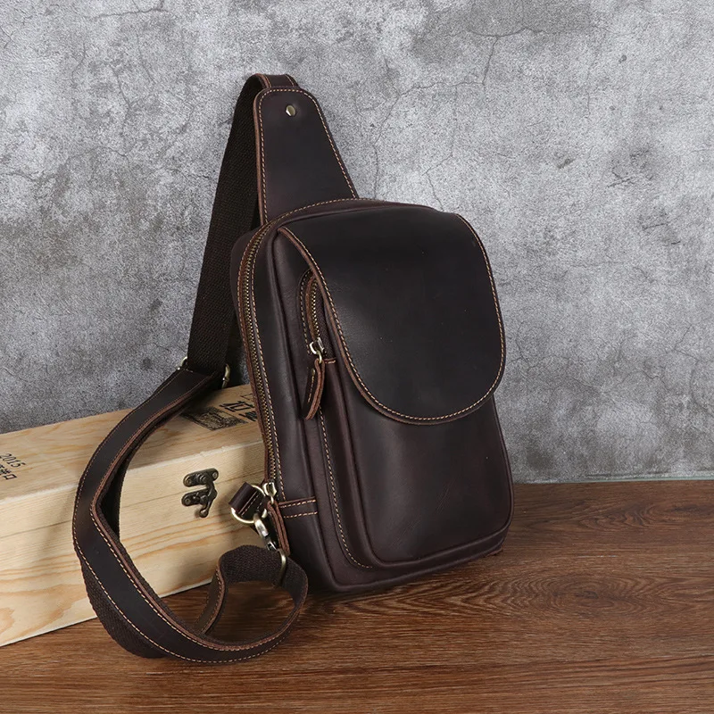 Real Leather Men's Crossbody Chest Bag Casual Outdoor Bicycle Riding Bag Fashionable Shoulder Bag Zipper Closure Leisure Pack view 2