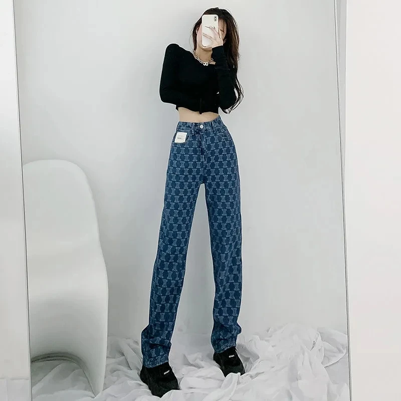 Jeans Wanita Jacquard Biru 2023 Celana Kaki Lebar Longgar Pinggang Tinggi Baru Cocok untuk Dipakai Musim Semi Musim Gugur yang Nyaman dan Modis