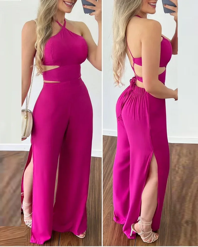 

Criss Cross Backless Split Hem Halter Jumpsuit Women Summer Lace Up Wide Leg Pants Slit Solid Camisole Sleeveless