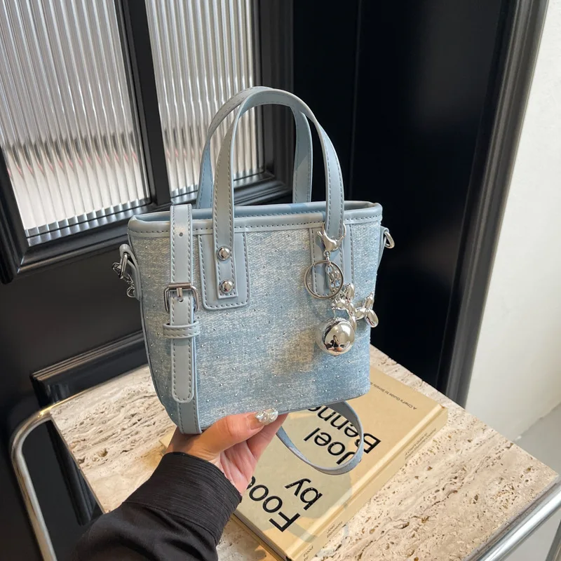 

Cowboy Commuter Tote Bag With Bell Pendant Ladies Simple Soft Design Shoulder Handbag Women Large Capacity Bucket Crossbody Bag
