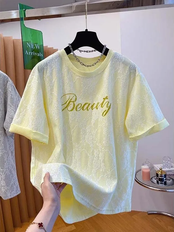 

plus Size 2300 Pou Letter Lace T-irt Women's ort Sve Spring Summer New Loose Casual Faion Top Trendy Korean Sle