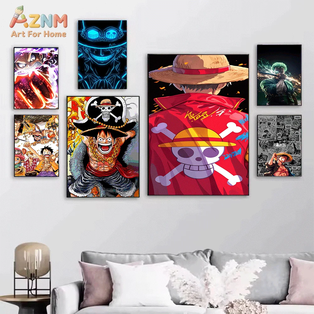AZNM Unframed Canvas Print One Piece Luffy Zoro Nami Jolly Roger Anime Wall Art Manga Poster Home Decor