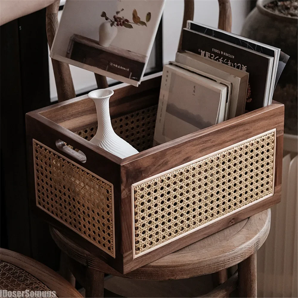 

Walnut Woven Deluxe Desktop Solid Wood Storage Box Vintage Rattan Basket Books Snacks Cosmetic Storage Box Tableware