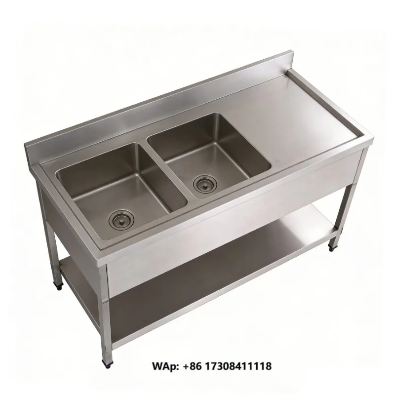 Double Bowl Stainless Steel High Efficiency Washing Sink Drain Board Faucet Included CE Certified Modern Design Commercial Use