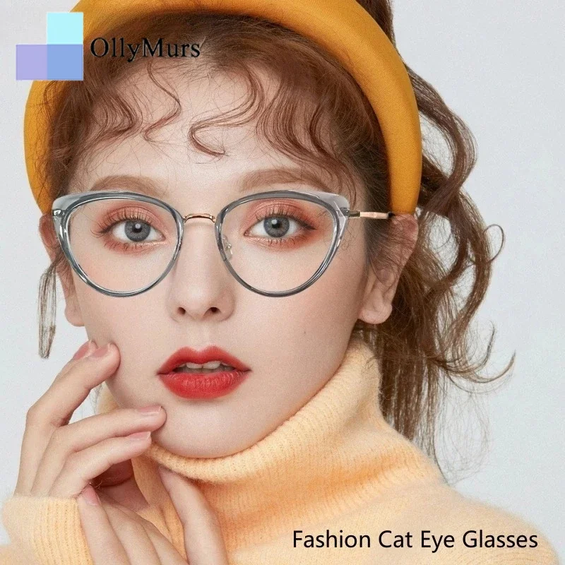 

OLLYMURS Trendy Custom Cat Eye Glasses Prescriptions for Women Blue Light Blocking Frame Ultralight Re Alloy Optical Eyeglasses