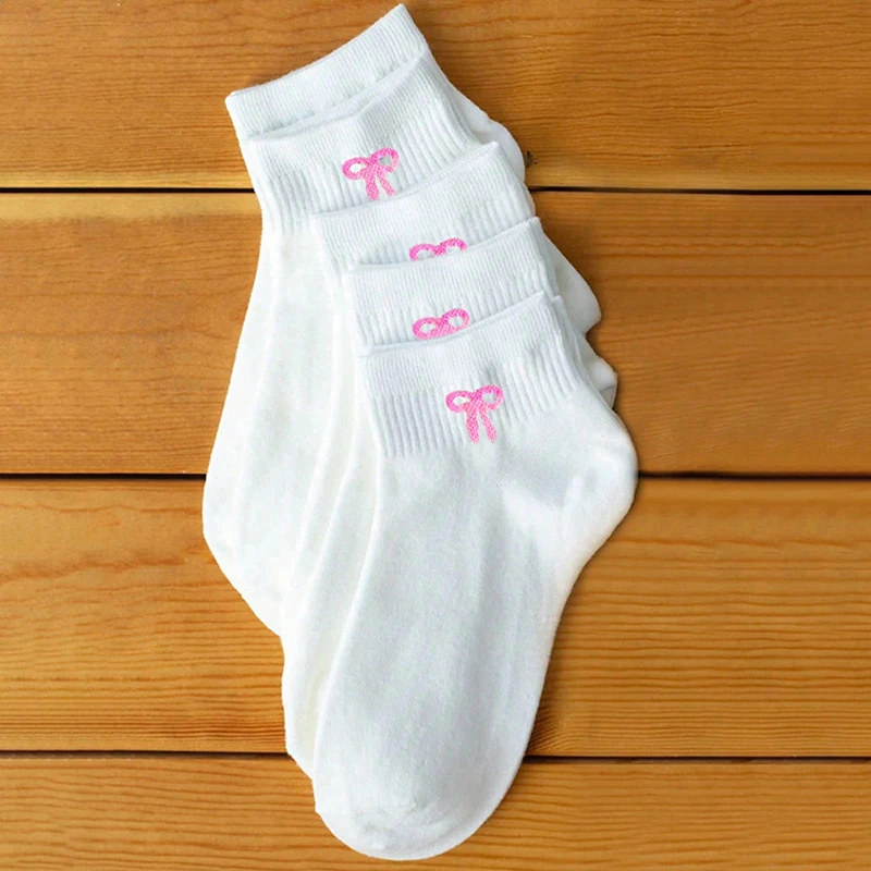 5/10 Paar Damen-Socken mit niedlichem Schleifenmuster, mittellange Socken für Frühling und Sommer, schweißabsorbierend, atmungsaktiv, weich und bequem, Freizeitsocken – Detail 4