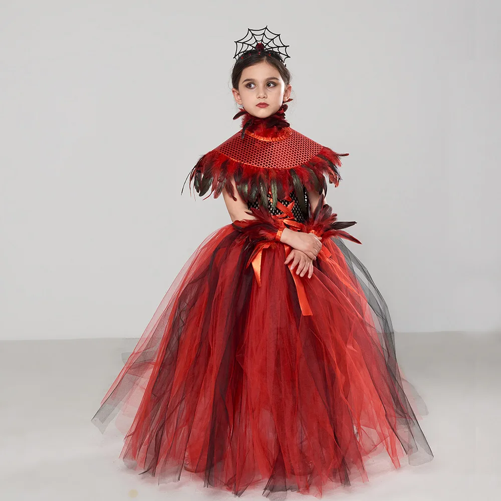 2025 Carnevale di Halloween Ragazze Cosplay Vampiro Strega Gotico Puffy Mesh Costume rosso Classico Horror Abbigliamento carino + Set di accessori