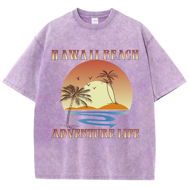 Sunset By The Seaside Printing Womans Washed T-Shirts O-Neck Soft Comfortable Cotton Water Washe Tops Summer Female Clothes