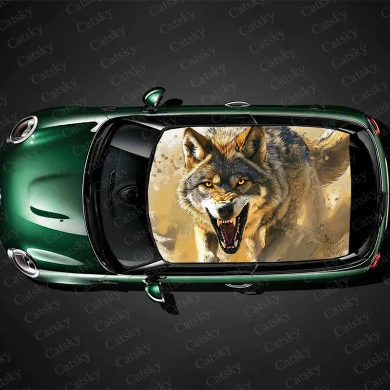 Roaring and Angry Wolf Car Roof Sticker Wrap Racing SUV Auto Accessories Packaging Painted PVC Car Hood Graphic Decal Decoration