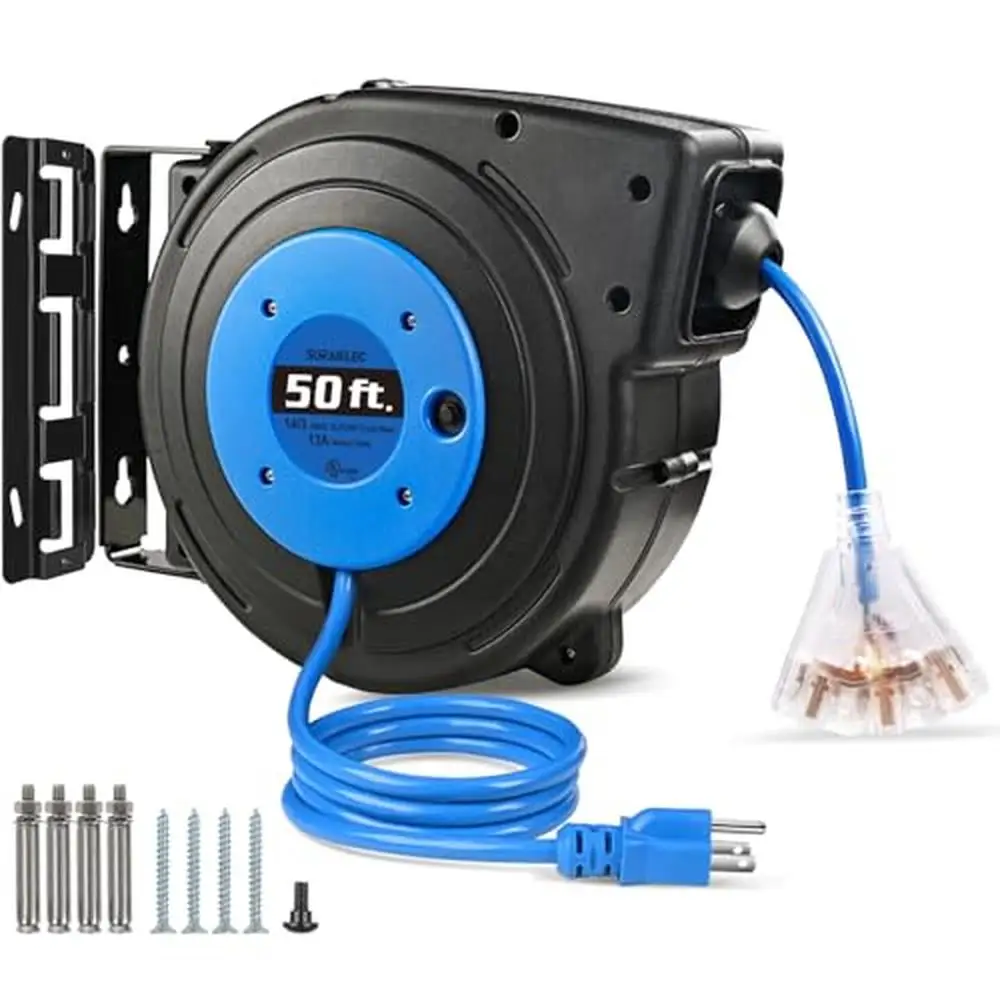 50 FT Retractable Extension Cord Reel 14 AWG SJTOW Power Cord 3 Outlets Triple Tap Circuit Breaker Ceiling/Wall Mount Durable