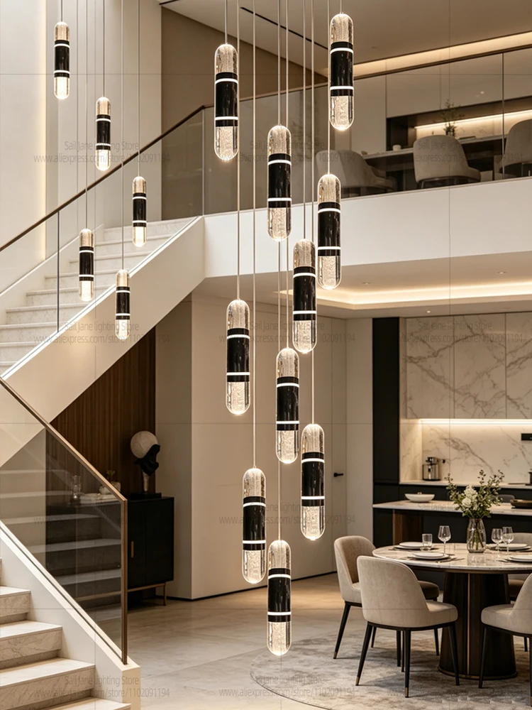 LED Luxury Capsule  Pendent Lamp Modern Vertical Stair Chandelier Long Hanging Lamp For Duplex Loft Villa High Ceiling Stairwell view 6