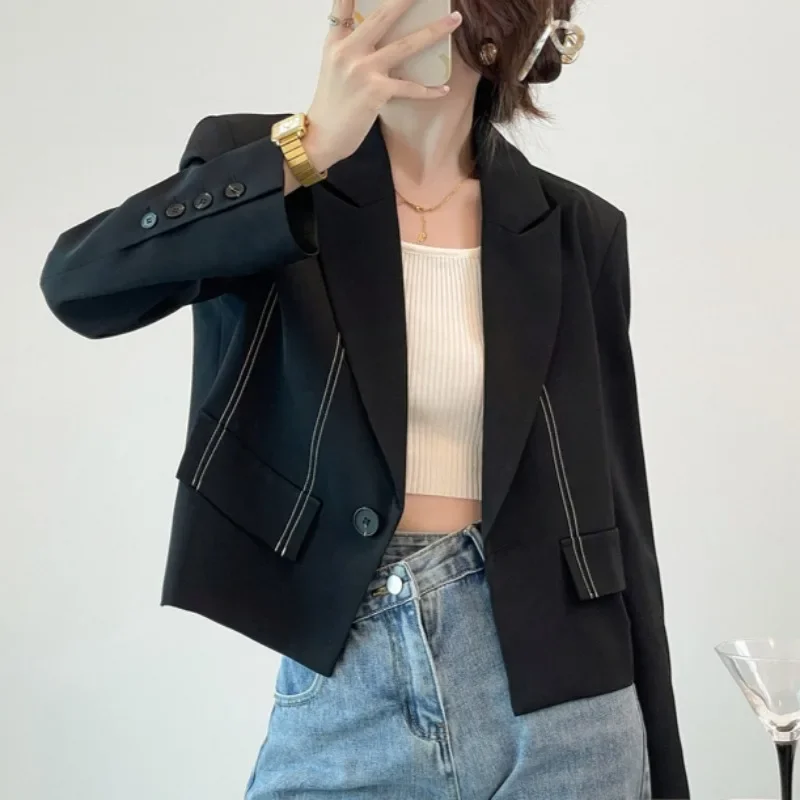 Blazer crop Mode Korea wanita, baju kantor elegan modis gaya malas desain Retro berkancing bergaris musim gugur trendi