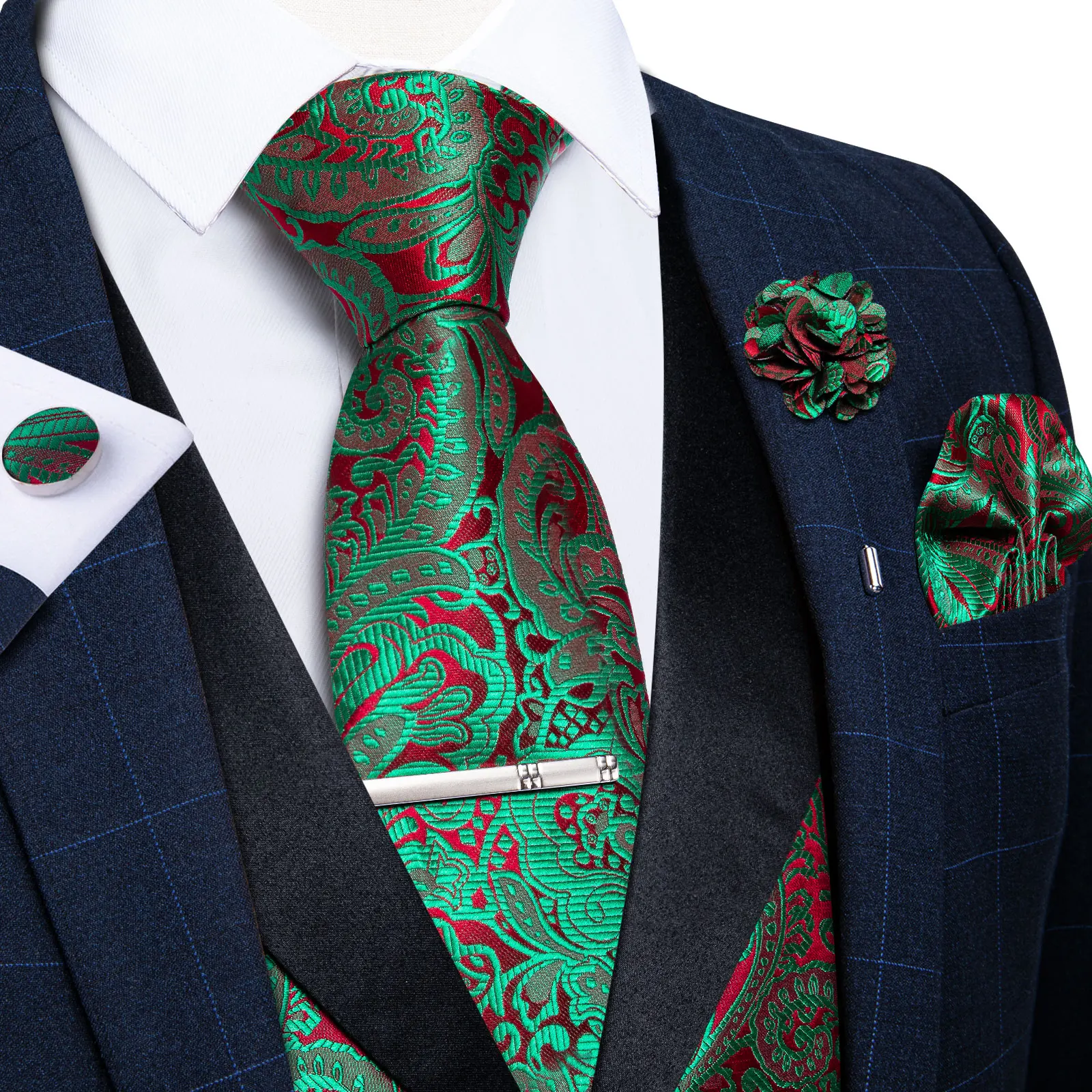 Unique Design Green Red Paisley Vest for Man Business Fashion Slim Fit Dress Men\'s Waistcoat Necktie Brooch Clip Cufflinks Set