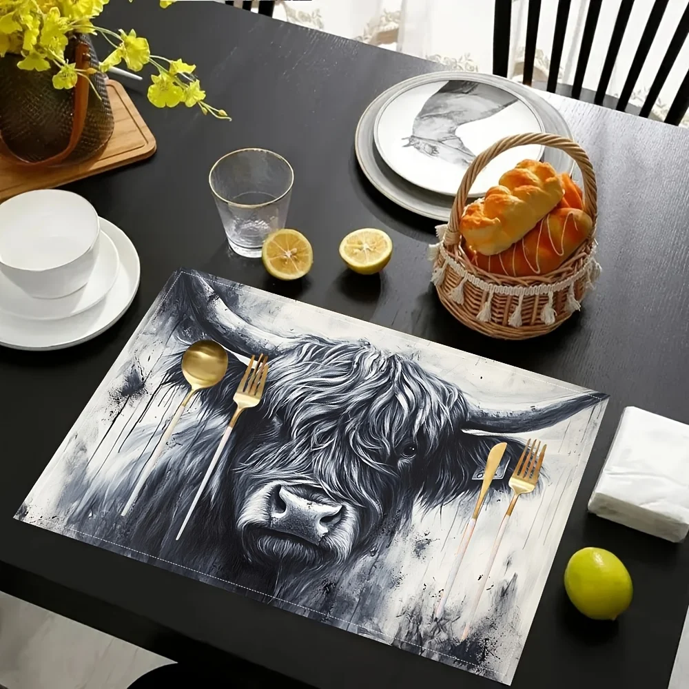 Four Scottish Highland Cow Placemats, Rectangular Table Mats, Handcrafted And Washable, Suitable For Kitchen, Parties
