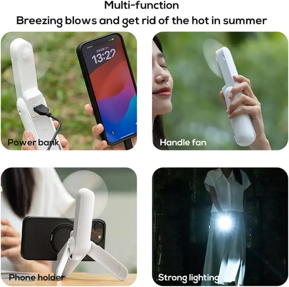 مروحة صغيرة محمولة 4 في 1 متعددة الوظائف USB قابلة للشحن مروحة جيب صغيرة مع بنك الطاقة مصباح يدوي حامل الهاتف الخليوي المحمولة