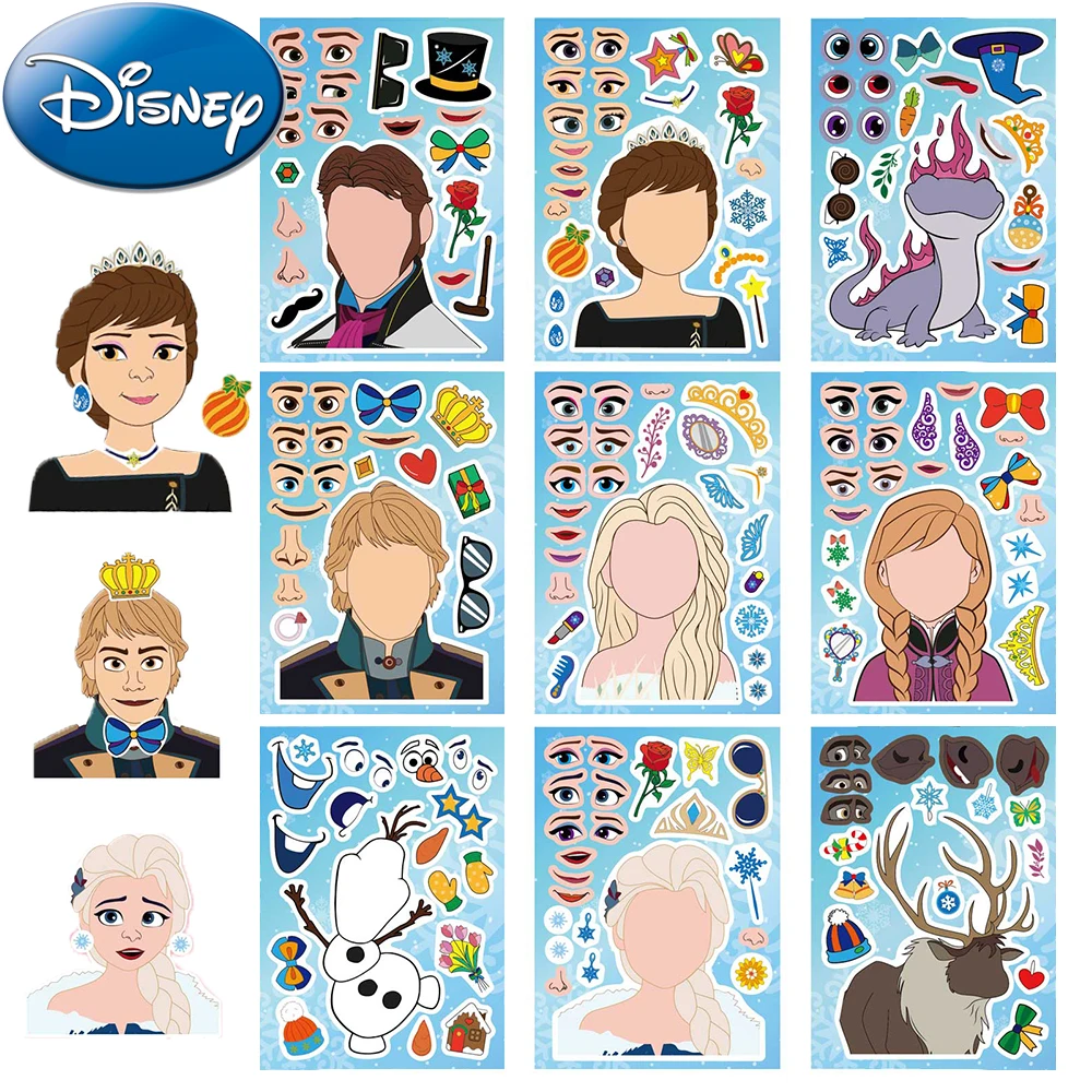 9/18sheets Cute Disney Frozen Elsa Puzzle Stickers Cartoon Princess Anna Make a Face DIY Assemble Jigsaw Decals Kids Party Gift