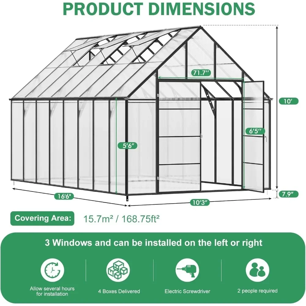 10x16 FT Greenhouse with 3 Vents Window, Swing Door & T Connector, Upgraded Walk-in Aluminum Polycarbonate Greenhouse