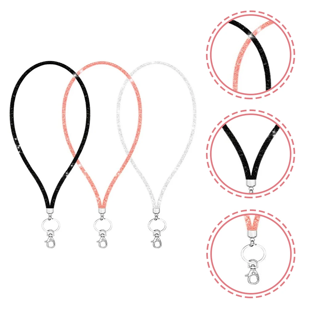 3pcs Bling Pendant Lanyard Hanging Rope Anti-Lost Keychain Long Rhinestone Neck Strap Id Badge Holder Work Permit String