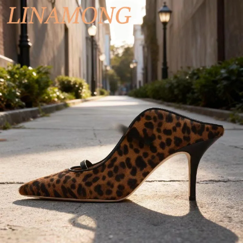 

Leopard Print Double Buckle Single Shoe Fashionable Temperament Simple Style Patent Leather Back Empty High-Heeled Sandals
