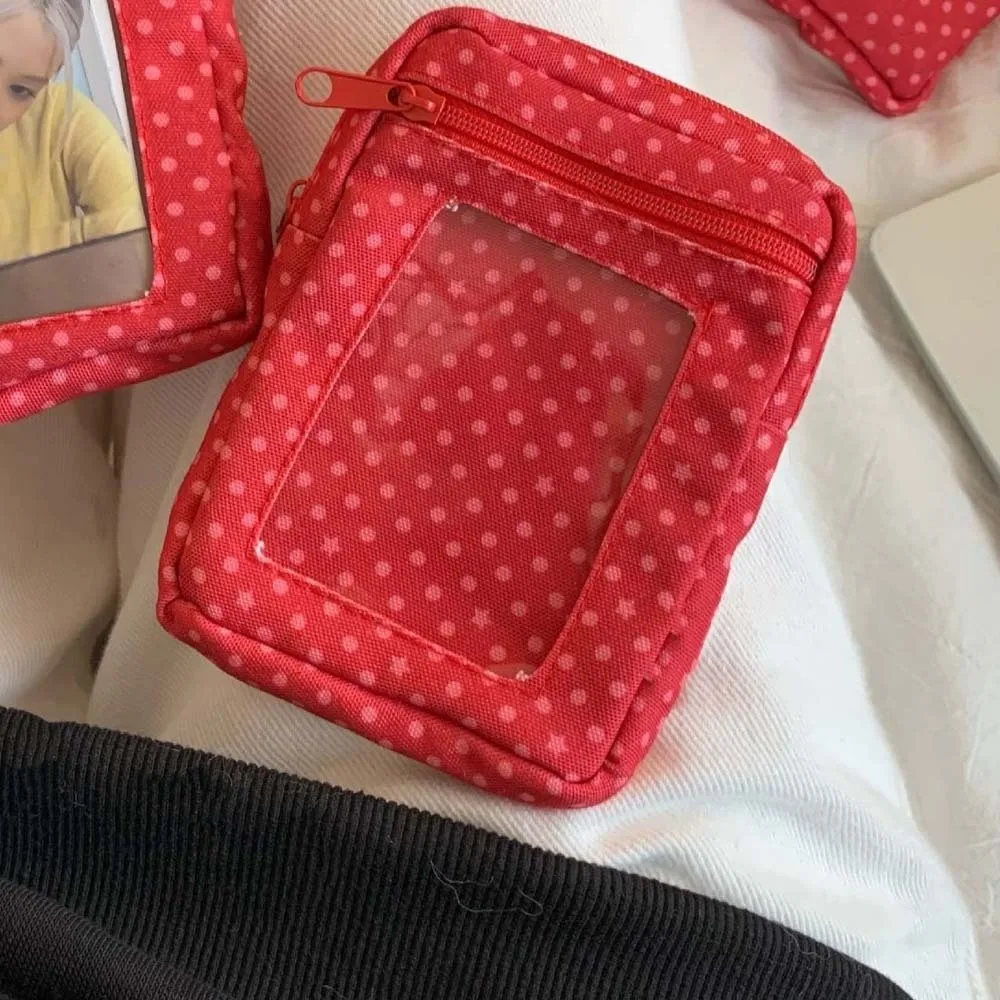 Red Polka Dot Coin Purse Zippered Canvas Fabric Clear Window Pouch Washable Lightweight Photo Display Bag Teens