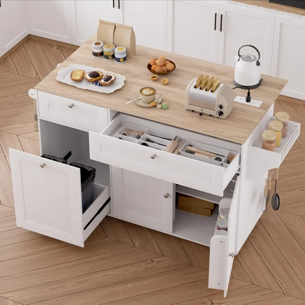 Kitchen Island on Wheels with Power Outlet & Drop Leaf Countertop, Rolling Kitchen Islands with Trash Can Storage, Portable Kitc