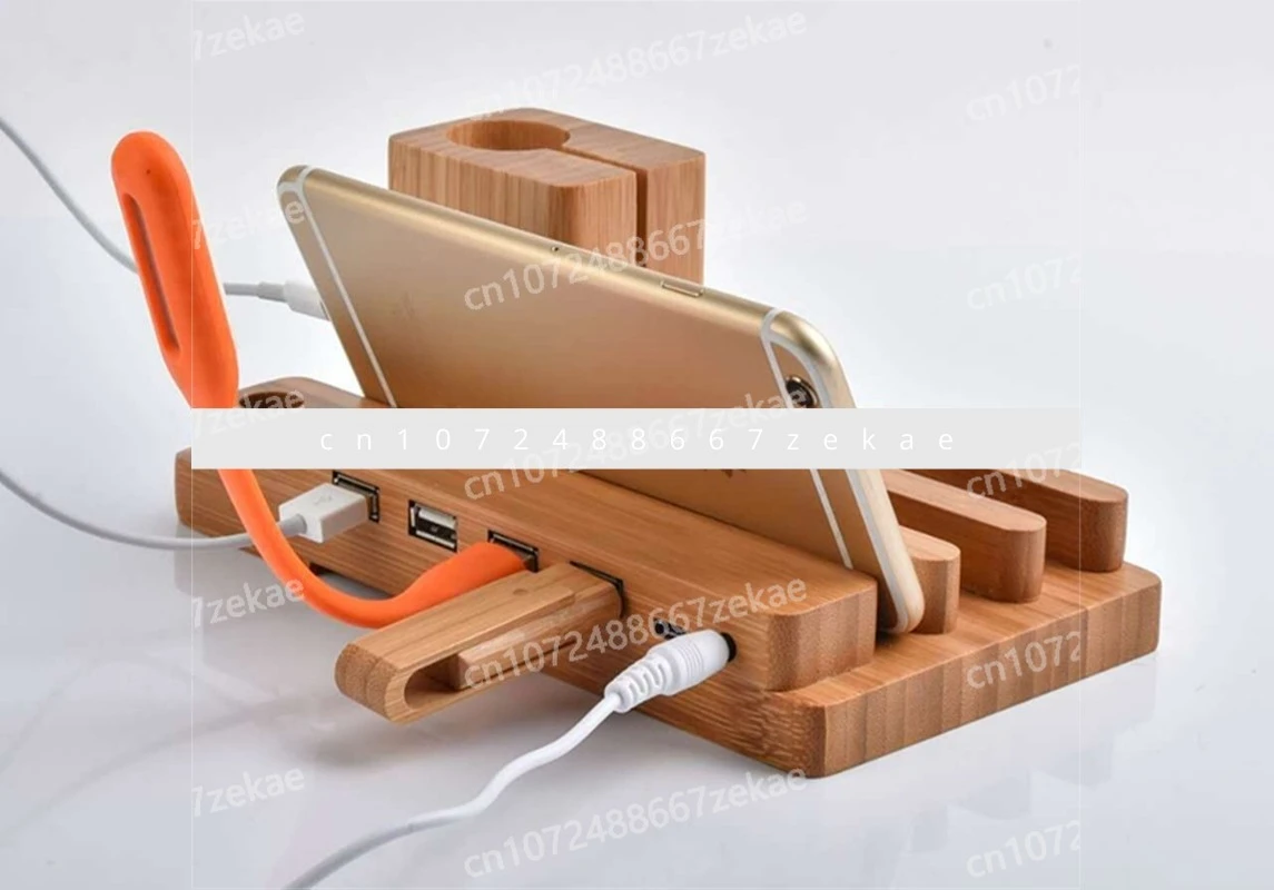 

Зарядная док-станция, подставка, бамбуковое основание, держатель для зарядного устройства для смартфона, планшета, 4 USB-порта, 3 в 1, телефон, часы, разборный кронштейн
