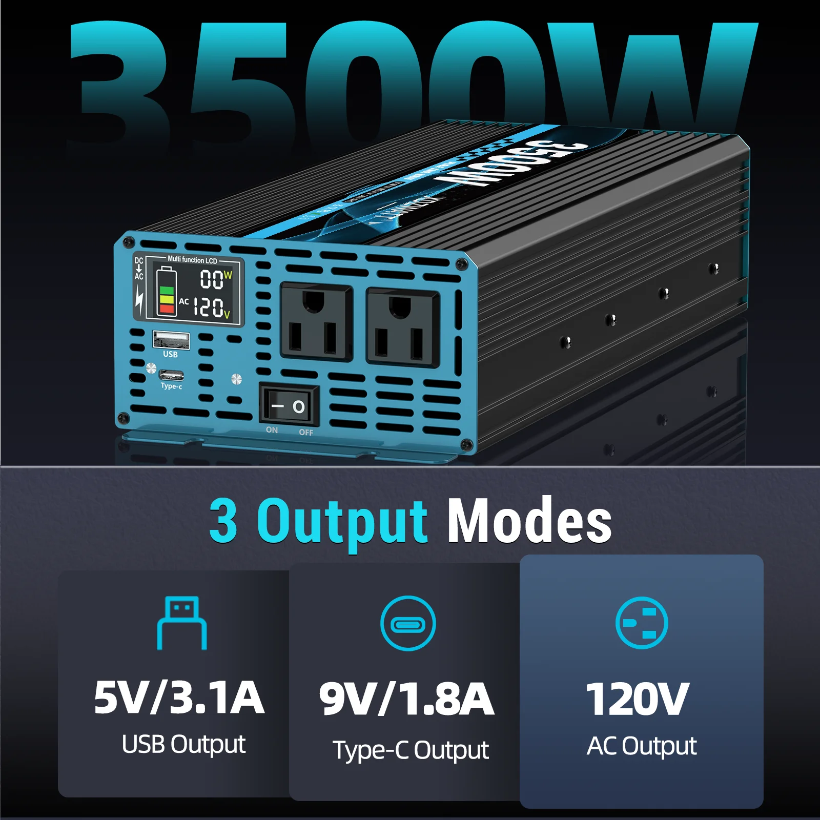 

Инвертор Чистая синусоида DC12V в AC 120V Напряжение 3500W Преобразователь мощности Солнечная панель Автомобильный трансформатор ЖК-дисплей Порт USB Type-C