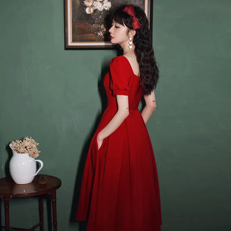 Elegante rode midi-jurk dames zomer Koreaanse vintage avondfeestjurk Franse casual mode formele gelegenheden eendelige jurk