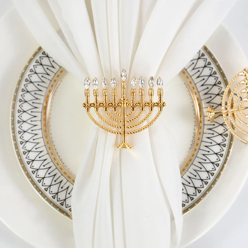 1Pc Jewish Hanukkah Candlestick Gold Napkin Ring Serviette Buckles for Dining Table Chanukah Festival Wedding Party Decoratio