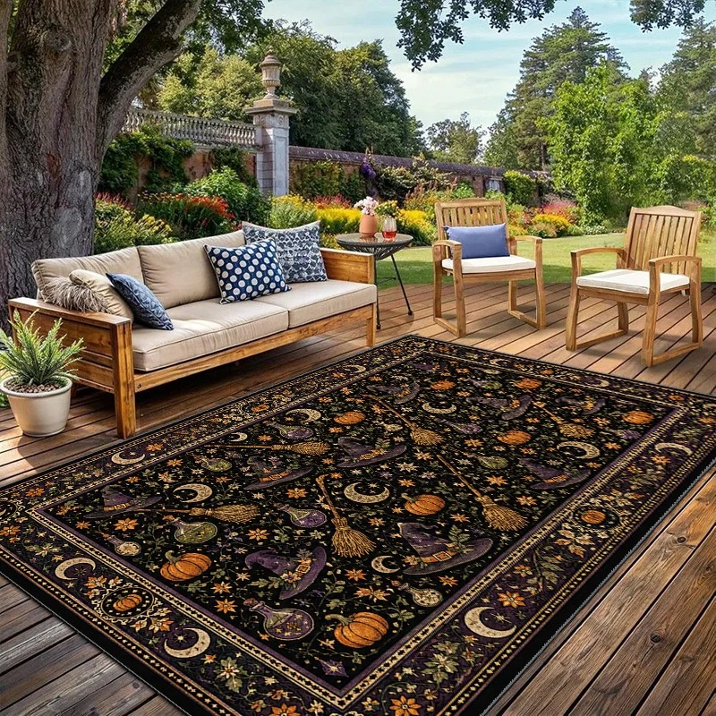 Halloween Rectangle Area Rug Skeleton Playing Cello Ghost Castle Pumpkin Bat Print Home Kitchen Living Room Decor