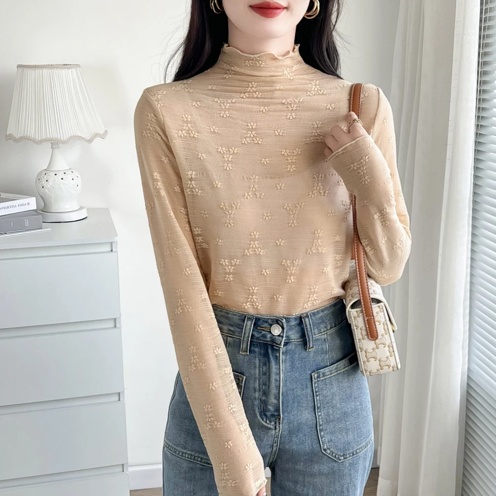 

Women Flower Lace Elastic T Shirt Half High Collar Long Sleeve Y2K See Through Shirts Black White Khaki Slim Stretch Tees Top