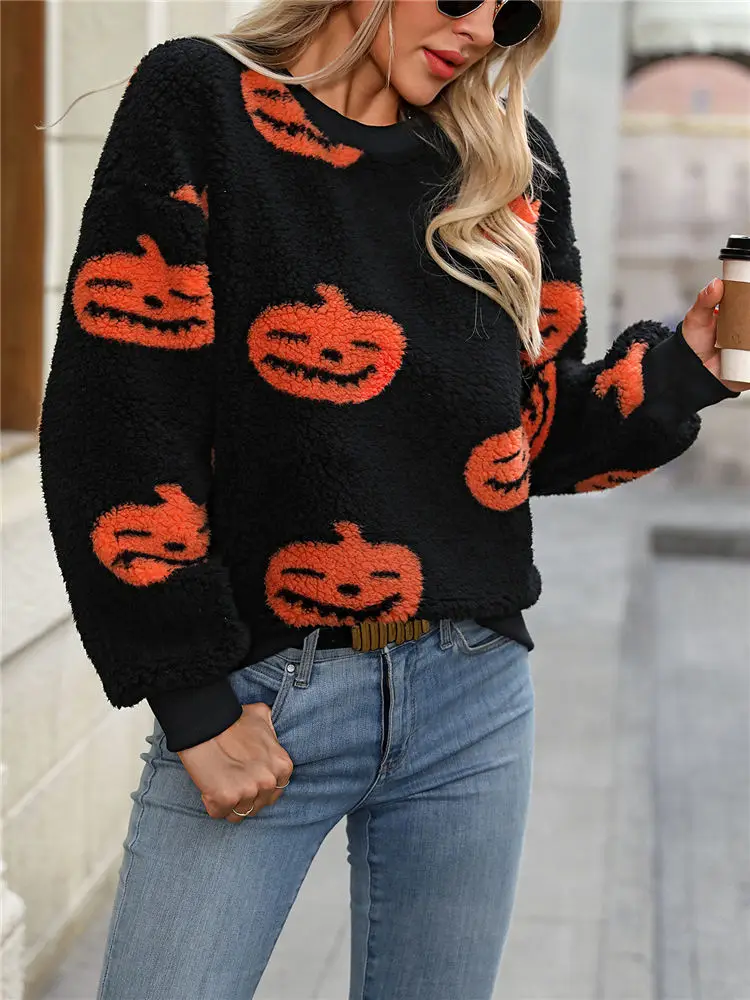 Women Teddy Fleece Sweater Halloween Print Jumper Chic Pullover Lady Fluffy Tops Winter Warm Sweatshirts