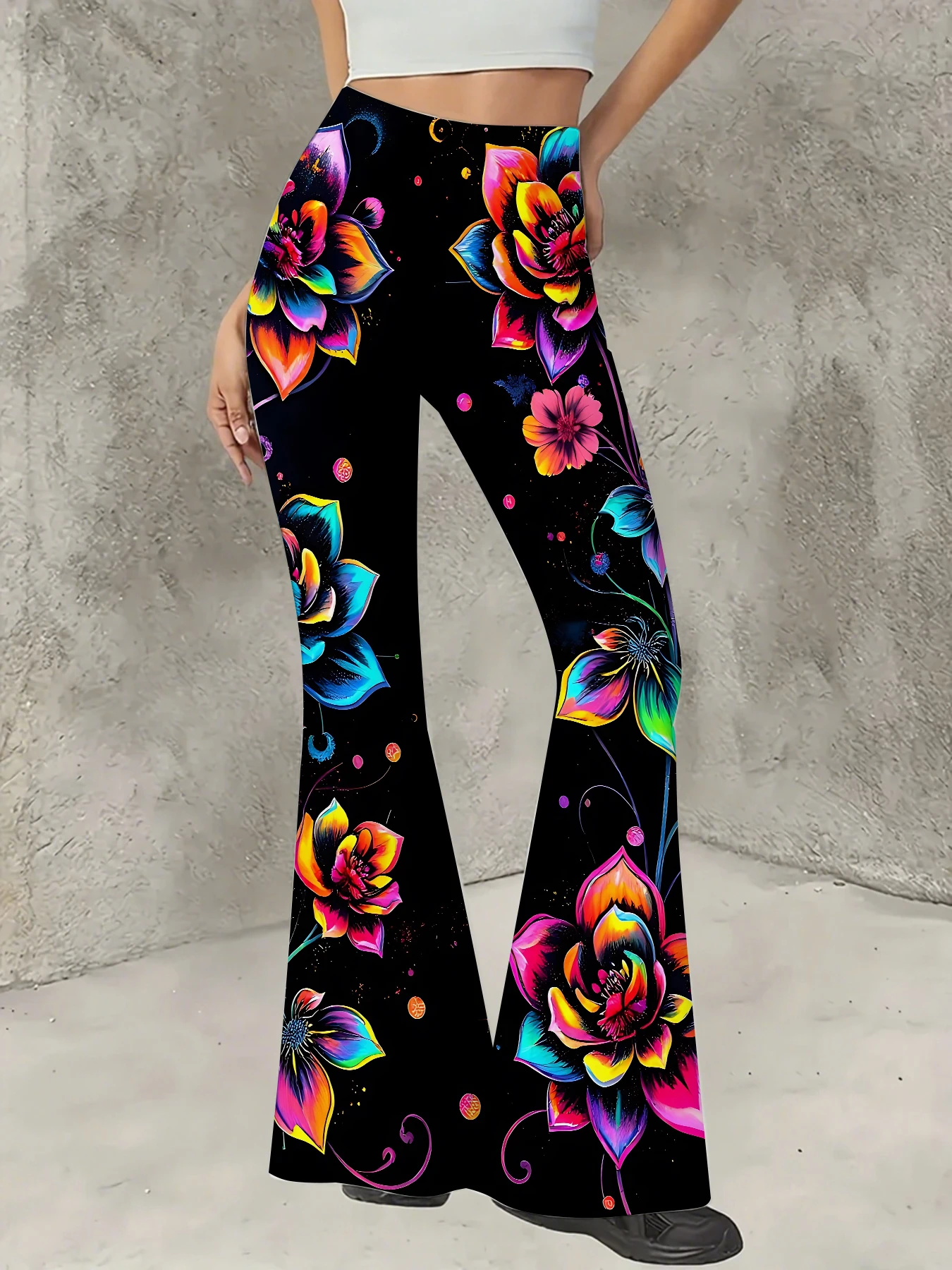 

Y2K Graphic Print Flare Pants Women High Waist Knit Bell Bottom Trousers