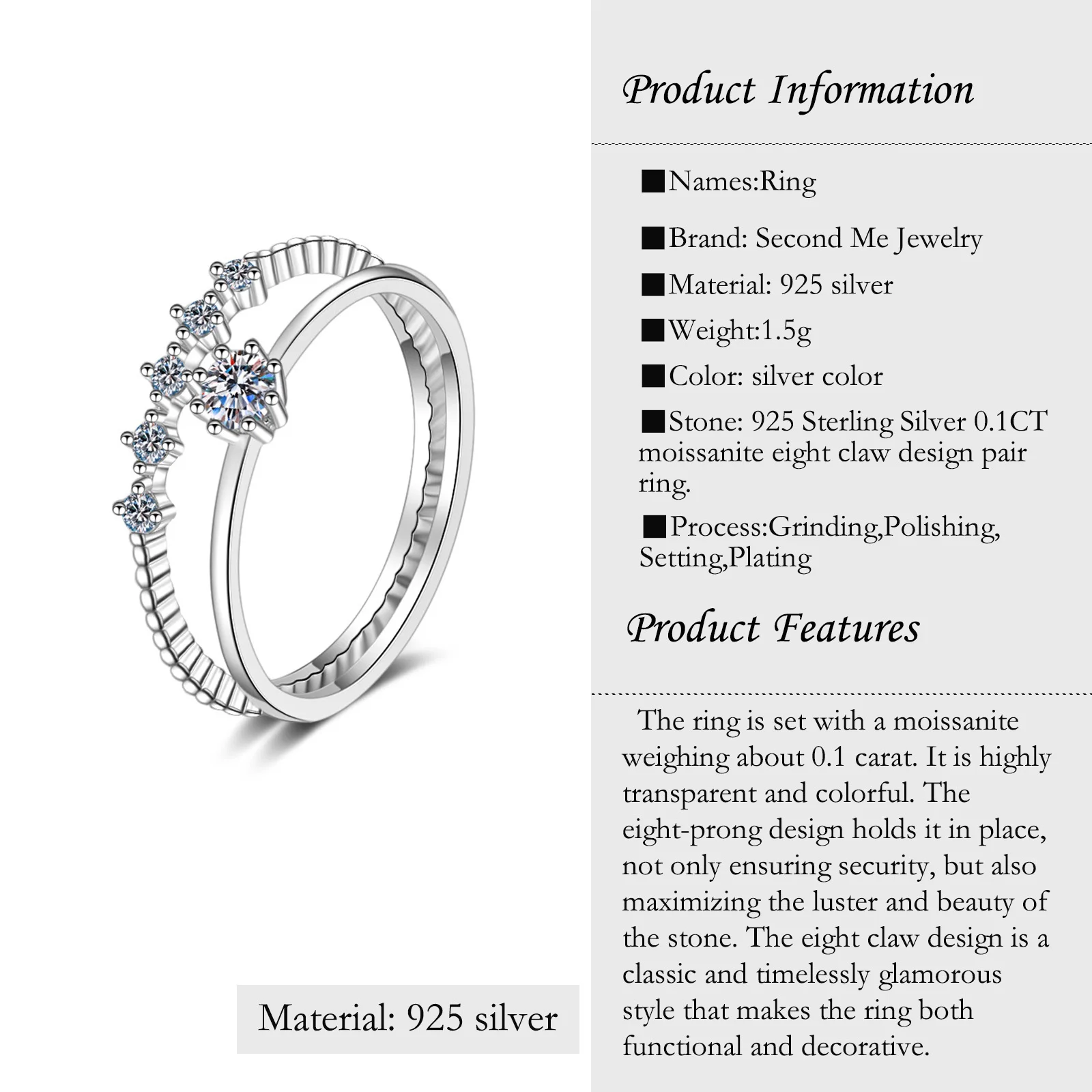 【JYJZZ167】s925 sterling silver fashion trend niche minimalist light luxury 10 points moissanite eight claw design pair ring.（buy