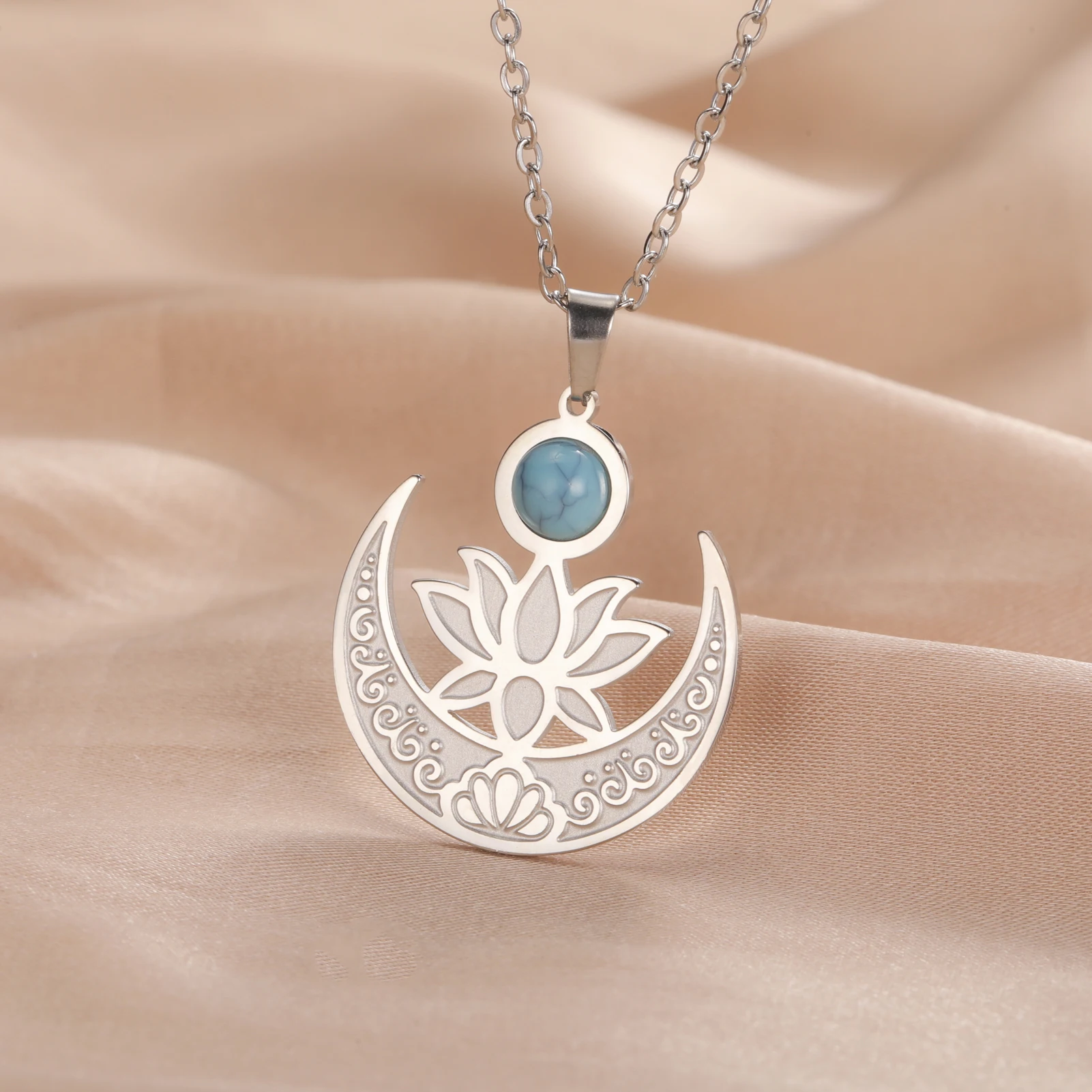 Teamer Buddhist Lotus Flower Necklace Crescent Moon Turquoise Stainless Steel Necklace for Women Girls Vintage Amulet Jewelry