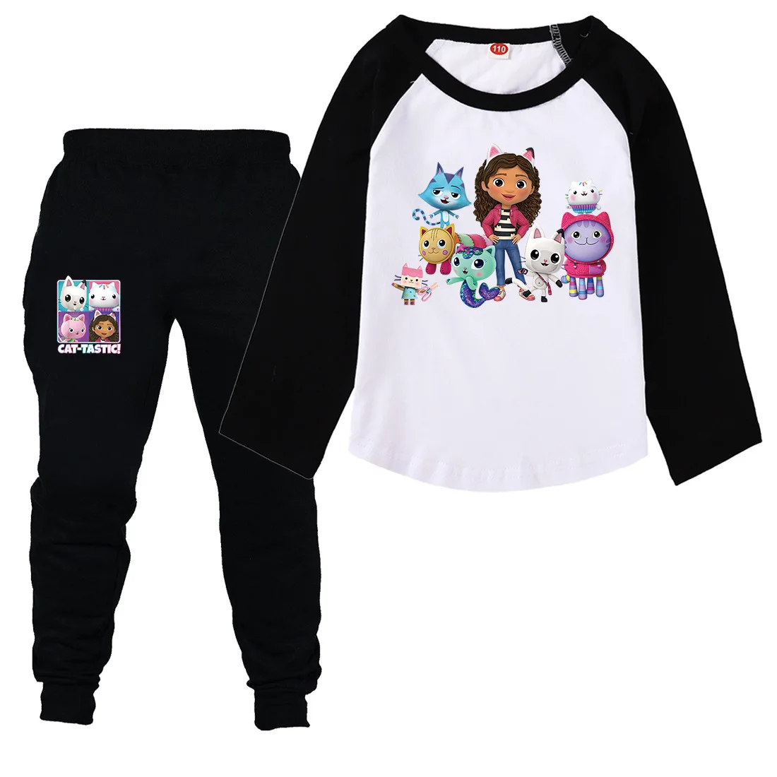 Conjunto de camisetas e calças infantis Gabbys Dollhouse Cartoon, tops casuais, manga comprida, roupas para meninas, Gabby Chat, 2 peças