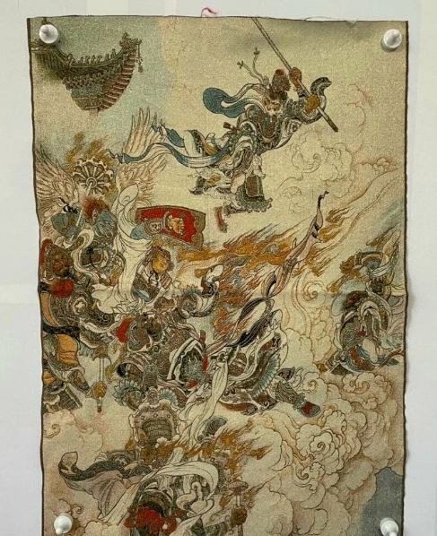 

Seidentuch Monkey King Havoc in Tiangong Thangka Thanka Wandbild